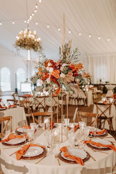 Tall centerpieces are some of our favorite pieces to design, especially when they feature bold colors & fun textures! Orange Wedding Centerpieces, Cranberry Wedding, Orange And Cranberry, Orange Wedding Decorations, Orange Wedding Themes, Fall Wedding Color Schemes, Fall Wedding Tables, Burnt Orange Weddings, Wedding Themes Fall