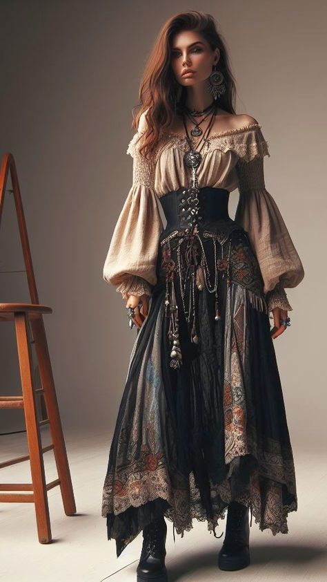 Victorian Boho Fashion, Gypsiesoul Fashion Outfits, Fantasy Fashion Aesthetic, Midevil Outfits Female, Romani Outfit, Whimsigoth Aesthetic Fashion, Fantasy Aesthetic Outfits, Modern Medieval Fashion, Renassiance Fair Outfits