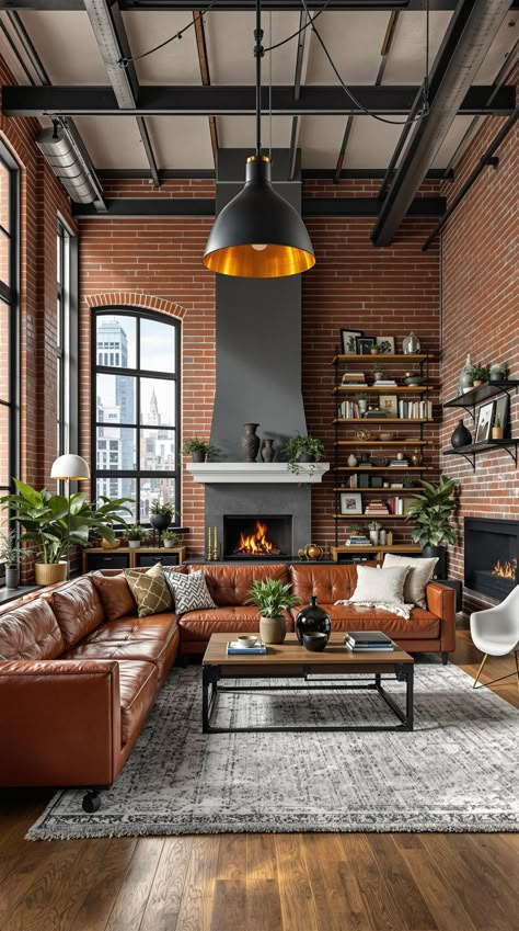 Industrial Farmhouse Living Room Warm Industrial Interior, Oversized Couches, Industrial Glam Living Room, Modern Industrial Interior Design, Vintage Industrial Living Room, Industrial Chic Living Room, Rustic Industrial Living Room, Industrial Backdrop, Industrial Farmhouse Living Room