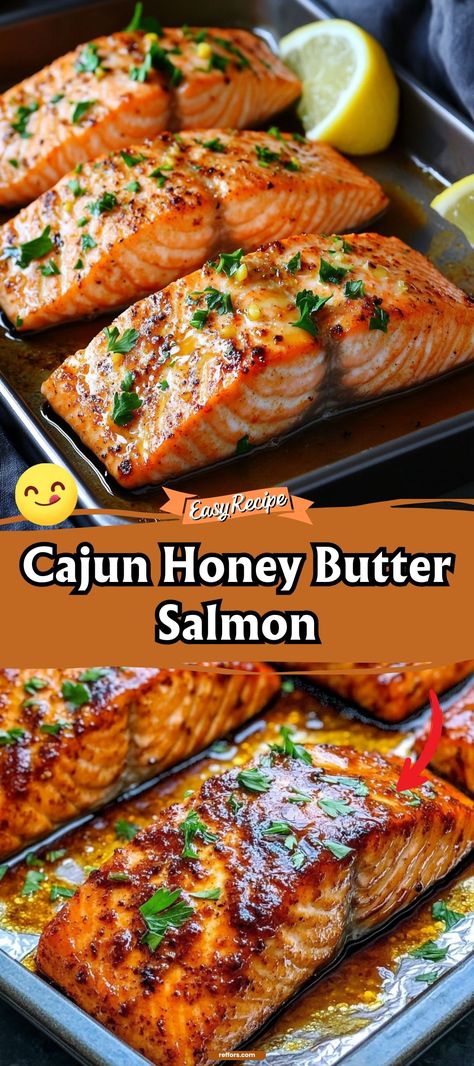 Dive into the spicy-sweet harmony of Cajun Honey Butter Salmon. This dish combines the rich, bold flavors of Cajun seasoning with a glaze of honey butter, creating a succulent meal that's a feast for the senses. #CajunSalmon #HoneyButter #FlavorfulFeast Cajun Honey Butter Salmon, Honey Butter Salmon, Spicy Salmon Recipes, Salmon Recipes Baked Healthy, Butter Salmon, Spicy Salmon, Shrimp Recipes For Dinner, Baked Salmon Recipes, Salmon Dishes