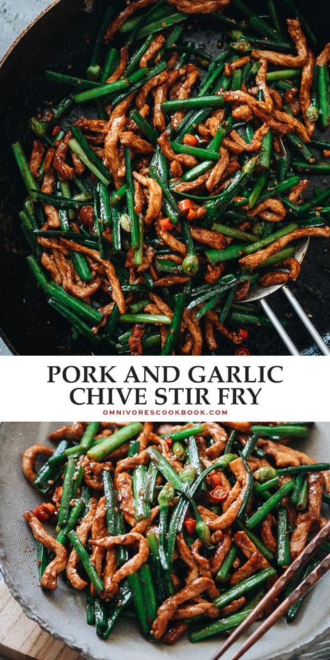 This easy home-style Chinese recipe combines tender stir-fried pork, bright green garlic chives, and a simple yet satisfying savory sauce. Stir Fry With Pork, How To Cook Garlic, Chives Recipe, Garlic Scapes, Green Garlic, Pork Stir Fry, Garlic Chives, Weekday Dinner, Chinese Recipe