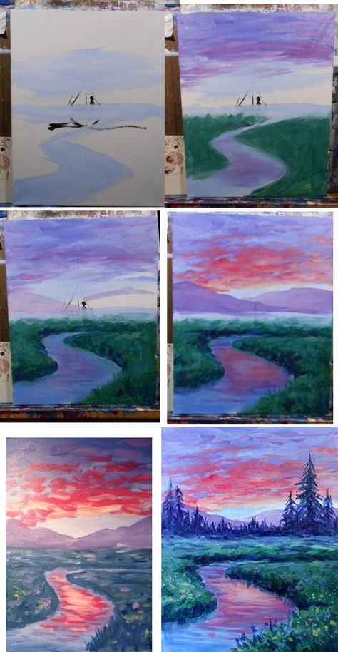 dawn on the meadow process Ako Kresliť, Paint Night Ideas, Seni Dan Kraf, Watercolor Paintings For Beginners, Paint Nite, Oil Pastel Art, Oil Color, 수채화 그림, Paint Night