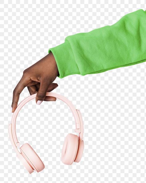 Hand Holding Headphones, Green Objects, Sticker Transparent Background, Pink Headphones, Headphones Music, Sticker Transparent, Music Collage, Hand Holding, Transparent Background