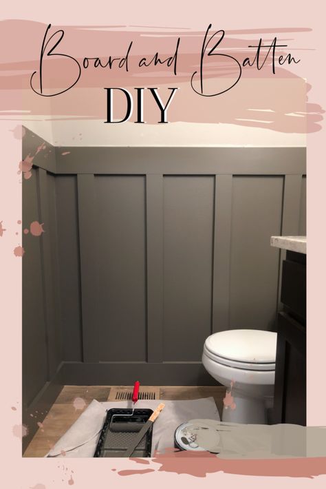 Gray board and batten DIY in bathroom. Full board and batten tutorial in my powder room! Powder Room Board And Batten Diy, Water Closet Board And Batten, Bathroom Board And Batten Diy, Small Powder Room Ideas Modern Board And Batten, Batten Board In Bathroom, Powder Room Batten Board, Repose Gray Board And Batten, Panel Board Bathroom, Panel Wall In Bathroom