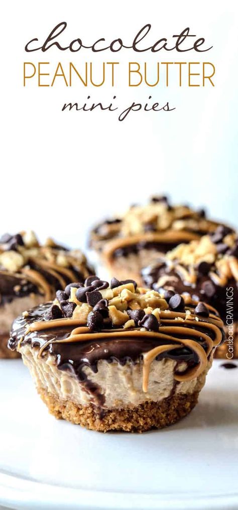 Mini Chocolate Peanut Butter Pies are easy, make ahead, almost NO BAKE and, decadently DELICIOUS with toffee graham cracker crust, creamy peanut butter filling, and silky chocolate ganache. #peanut butter #pie, #chocolate #peanutbutterpie Chocolate Peanut Butter Pies, Peanut Butter Pies, Galette Des Rois Recipe, Daisy Fields, Chocolate Peanut Butter Desserts, Butter Desserts, Chocolate Peanut Butter Pie, Mini Torte, Peanut Butter Desserts