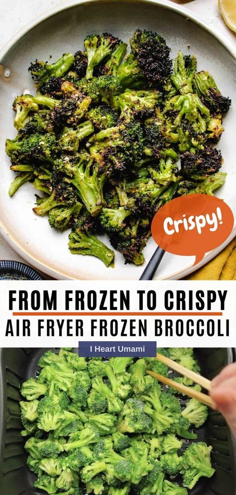 Air fryer frozen broccoli with 0 prep time and crispy! Simply put frozen broccoli in an air fryer for a crispy healthy side dish in no time! #airfried #airfryerrecipes #airfryerfrozenbroccoli #frozenbroccoli #sidedish Air Fryer Frozen Broccoli, Whole30 Air Fryer, Healthy Asian Dinner Recipes, Frozen Broccoli Recipes, Umami Recipes, Roast Frozen Broccoli, Air Fryer Side Dishes, Budget Friendly Dinner Recipes, Air Fryer Veggies