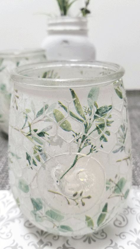 Decoupage Fabric On Glass Mason Jars, Modge Podge Vases Tissue Paper, Mod Podge Tissue Paper Crafts, Modge Podge Jars Tissue Paper, Modge Podge On Glass Jars, Mod Podge On Glass Jars, Tissue Paper Modpodge, Decoupage Candle Jars, Tissue Paper On Glass Jars