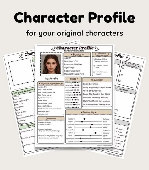 Notion Template 🟢-this profile helps you develop detailed characters for your books, novels, stories, etc. -helps you stay organized with your writing projects -8 different colors to match your aesthetic -Purchase included 2 files, "Character Profile -Neutral Colors-" and "Character Profile -Pastel Colors-" ☆This is a digital download || Nothing will be mailed to you☆ Please let me know if you have any questions :) --This file is for your personal use ONLY. This is NOT to be Character Details Template, Book Character Development, Character Profile Aesthetic, Detailed Character Profile Template, How To Plot A Novel, Things To Do With Your Ocs, Character Profile Art, Character Profile Template, Original Character Art