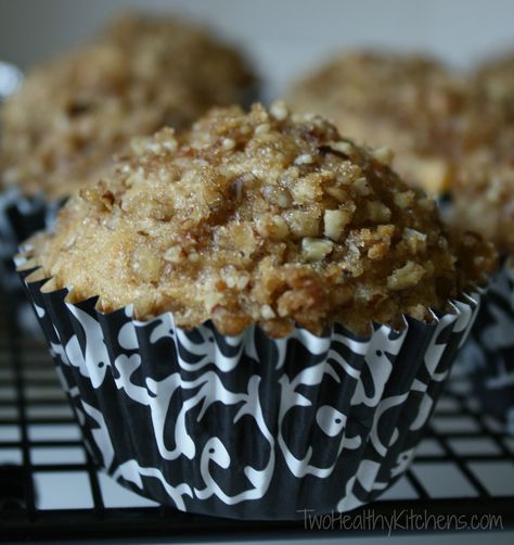 Just made these and they are really good! I added 2 tablespoons each of chia seeds and ground flaxseed.  I used a 29 ounce can of peaches instead of 15 and I chopped them up a bit first.  ALSO I can't read so I accidentally added a teaspoon of baking soda in addition to the 2 teaspoons of baking powder but I think it works just fine.  I left out the nuts (bc I didn't have any) and made the streusel with 1/4 cup oats and pinch of salt with the butter and brown sugar.  Baked till toothpick came out clean at 375. EP Healthy Peach Muffins, Banana Streusel Muffins, Apple Spice Muffins, Crumb Topping Recipe, Apple Muffin, Apple Muffin Recipes, Peach Muffins, Crumb Muffins, Banana Crumb Muffins