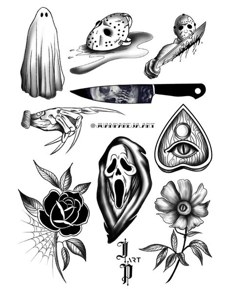 Horror Themes Tattoos, Small Horror Movie Tattoos, Horror Tattoo Designs, Halloween Flash Tattoo, Friday The 13th Flash, Christus Tattoo, Halloween Tattoo Flash, Chest Tattoo Stencils, Lion Art Tattoo