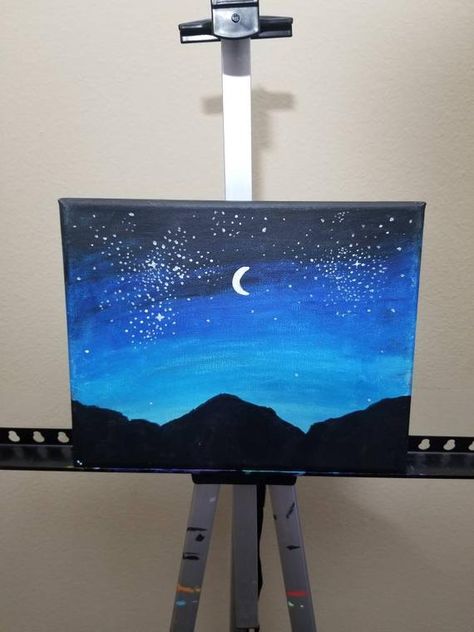 Oil Pastel Art Night Sky, Stars And Mountains, Love Canvas Painting, Art Mini Toile, Acrylic Paint Art, Blue Night Sky, Simple Paintings, Night Sky Painting, Handmade Drawing