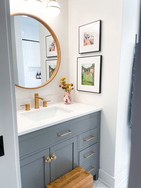 Small Boys Bathroom Ideas, Boy Bathroom Ideas Kid, Hgtv Bathroom Ideas, Children’s Bathroom, Boy And Girl Bathroom Ideas, Colored Bathroom Vanity, Boys Bathroom Ideas, Colorful Kids Bathroom, Mindfully Gray