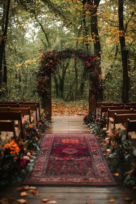 About Time Wedding Aesthetic, Autumnal Wedding Theme, Greenery Flowers Wedding, Deep Moody Wedding, Wedding Themes Boho, Wedding In Autumn, Whimsical Autumn Wedding, Moody Forest Wedding Dark Autumn, Whimsical Wedding Theme Romantic