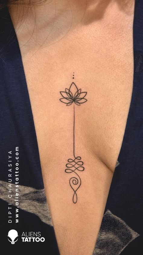 Chckout this amazing unalome tattoo by our brilliant artist Dipti Chaurasiya (@Dipti_Chaurasiya) at Aliens Tattoo India.

If you wish to get this amazing tattoo visit or website www.alienstattoo.com Unalome Tattoo With Waves, Chest Unalome Tattoo, Unalome Women Tattoo, Lotus Tattoo Unalome, Unalome Tattoo On Arm, Unalome Chest Tattoo Female, Unalome Back Tattoo Women, Sternum Unalome Tattoo, Unalome Tattoo Chest