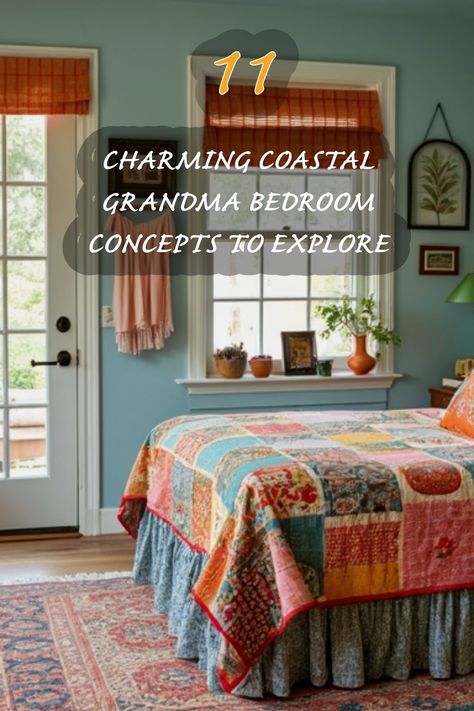 Discover the beauty of a coastal grandma-inspired bedroom! I love how this space combines vintage charm with a fresh coastal vibe. The colorful patchwork quilt brings warmth and nostalgia, while the soft blue walls create a serene backdrop. The natural light streaming through the windows adds to the inviting atmosphere. Explore these delightful concepts that celebrate comfort and style, making any bedroom feel like a cozy retreat! Cozy Grandma Bedroom, Grandma Bedroom Ideas, Grandma Chic Bedroom, Grandma Bedroom Aesthetic, Grandkids Bedroom At Grandmas, Coastal Grandma Bedroom, Grandma Bedroom, Coastal Cottage Bedroom, Regency Bedroom