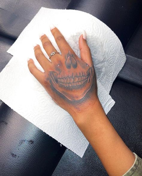 Hand Tattoos On Black Guys, Hand Tattoo Animals, Hand Tattoos For Females, Gangsta Tattoos For Women Hand, Skull Hand Tattoos For Women, Your Throat Here Tattoo, Female Hand Tattoos Black Women, Cute Hand Tattoos Black Women, Thug Tattoos For Women Leg