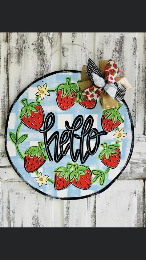 Painted Circle Door Hanger, Summertime Door Hangers, Strawberry Door Hanger, Summer Door Hangers Wooden, Watermelon Door Hanger, Wood Door Signs, Circle Door Hanger, Spring Door Hangers, Diy Door Hangers