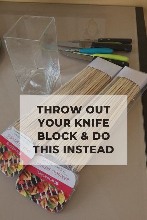 Looking for a cute way to store your kitchen knives on the countertop? This bugdet friendly and simple idea will have your kitchen knives stored glamourously in no time! #diy #knives #storae #knifestorage #diystorage #diyhomedecor #diy Storing Knives In Kitchen, Diy Knife Storage, Countertop Storage Kitchen, Kitchen Knife Storage Ideas, Diy Rustic Kitchen, Kitchen Knife Storage, Unusual Lighting, Diy Knife, Knife Storage