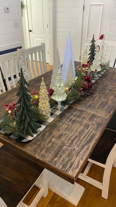 Christmas Tree On Dining Table, Tree Table Centerpieces Christmas, Christmas Kitchen Table Centerpiece Decorating Ideas, Rustic Farmhouse Christmas Table, Christmas Table Centerpieces With Trees, Christmas Decor Dinning Room Table, Christmas Tree On A Table Ideas, Christmas Trees Centerpieces For Table, Christmas Kitchen Table Decorations