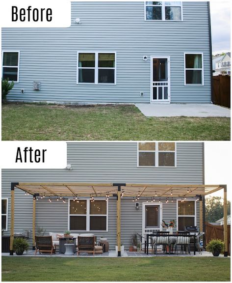 Our Patio Makeover Part II - Pretty Real Pergola Modern, Concrete Patios, Modern Pergola, Pergola Design, Backyard Remodel, Backyard Inspiration, Patio Makeover, Small Backyard Patio, Outside Ideas