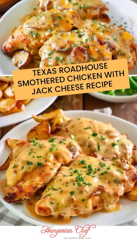 Texas roadhouse smothered chicken with jack cheese recipe – Hungarian Chef Good Southern Meals, Southern Chicken Dinner Recipes, Texas Roadhouse Bbq Chicken, Flavored Chicken Recipes, Week Supper Ideas, Chicken And Pepper Jack Cheese Recipes, Desperate Housewives Recipes, Dinner Ideas In Oven, Smothered Chicken Texas Roadhouse