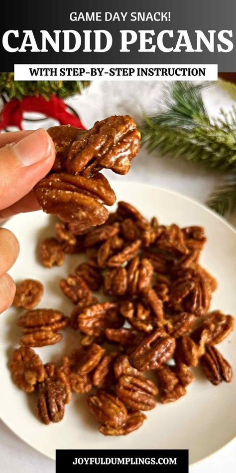 If you’re looking for the perfect holiday gift, snack, dessert, or topping for salads, then this easy candied pecans recipe is for you. Candied Pecans With Honey, Candied Pecans Gift Packaging, How To Candy Pecans For Salad, Candied Pecans Salad, Candied Pecans For Salad Easy, Sugar Nuts Candied, Easy Things To Make With Pecans, Candied Pecans Brown Sugar, Caramelized Pecans Recipe