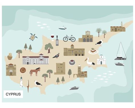 Cyprus Illustrated Map, Cyprus Island Poster, Cyprus Map Print, Travel Map, Island Wall Art, Wanderlust Design, Instant Download, Hand Drawn Cyprus Map Illustration, Map Of Cyprus, Cyprus Art, Travel Stickers Printable, Cyprus Map, Wanderlust Design, Cyprus Flag, Cyprus Island, Island Poster