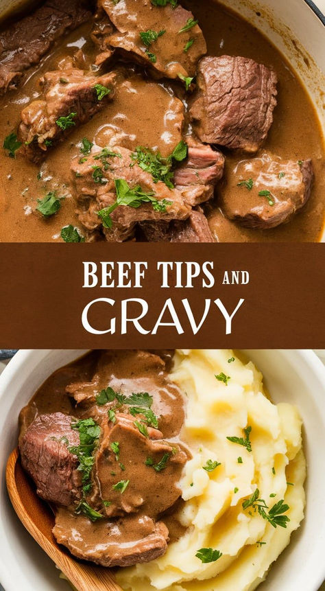 Hearty and savory, these Beef Tips and Gravy are cooked to perfection in a rich gravy sauce. Serve over mashed potatoes or rice for a satisfying meal! Beef Gravy Recipe, Beef Tips And Rice, Easy Gravy Recipe, Beef Tips And Gravy, Over Mashed Potatoes, Beef Gravy, Onion Gravy, Slow Cooked Meals, Gravy Sauce