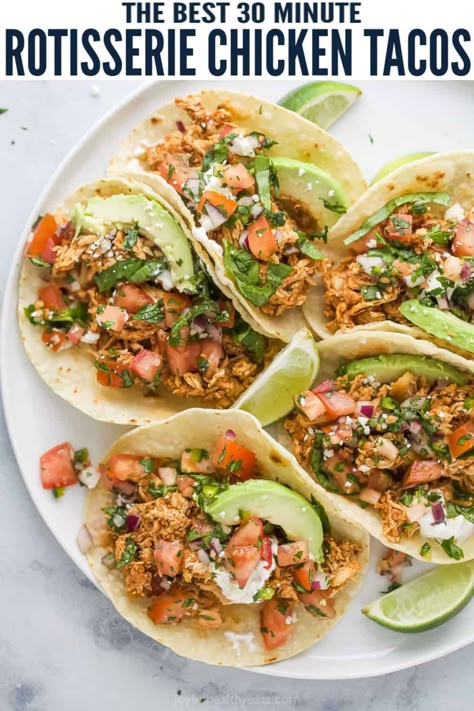 Tacos With Rotisserie Chicken, Tacos Using Rotisserie Chicken, Rotisserie Chicken Street Tacos, Chicken Tacos Using Rotisserie Chicken, Rotisserie Chicken Recipes Tacos, Rotisserie Chicken Lunch Ideas Healthy, Rotisserie Chicken Tostadas, Chicken Tacos Rotisserie Shredded, Rotisserie Chicken Fajitas