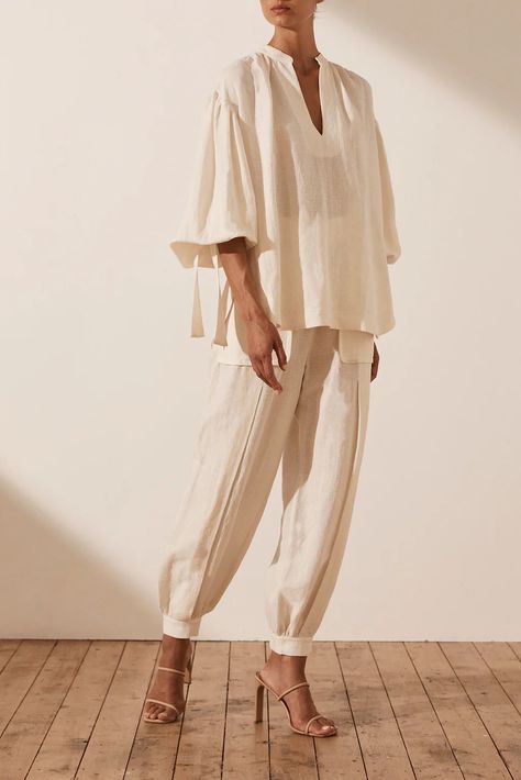 Balloon Sleeve Shirt, Shona Joy, Loose Fitting Tops, Linen Set, Pants Design, Online Tops, Shirt Sleeves, Drop Shoulder, Linen Blend