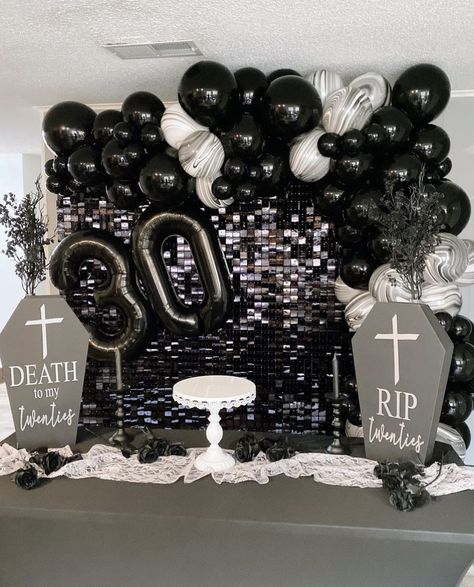 Rip To My 20s Party Backdrop, Rip To My 20s Party Decor Diy, Rip 30s Birthday Party Ideas, Black Out 30th Birthday, Rip 30th Birthday Party, Rip 20s Decorations, Rip Themed Party, Rip 20s Birthday Centerpieces, Rip 20s Birthday Theme