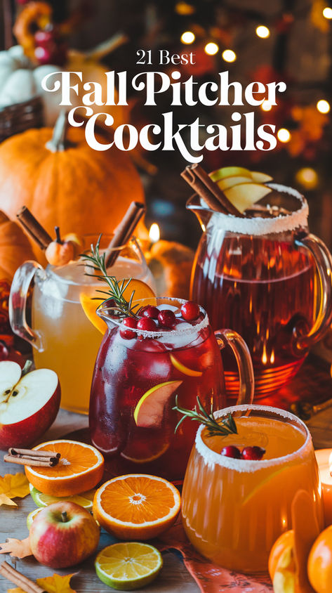 "Discover the 21 Best Fall Pitcher Cocktails perfect for your autumn  gatherings! From cozy fall cocktails to big batch fall drinks,  these recipes are ideal for any fall party alcoholic drinks you have in  mind. Try our crockpot fall drinks alcohol for effortless entertaining,  or whip up some fun batch cocktails that will delight your guests.  These yummy fall cocktails and fall mixed drinks for a crowd are  sure to impress, making them the best fall alcoholic drinks to enjoy  this season!" Festive Pitcher Cocktails, Crockpot Cocktails Drinks, Cocktails You Can Make In A Pitcher, Make Ahead Fall Cocktails, Alcohol Pitcher Recipes, Pitcher Old Fashioned Recipe, Bourbon Pitcher Cocktails, Large Pitcher Cocktails, Warm Alcoholic Drinks Fall