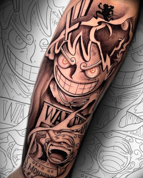 One Piece Luffy Gear 5 Tattoo, Doflamingo Tattoo Design, Luffy Gear 5 Tattoo Ideas, Shanks Tattoos, Luffy Tattoo One Piece, Doflamingo Tattoo, Luffy Tattoo Design, Gear 5 Luffy Tattoo, Monkey D Luffy Tattoo