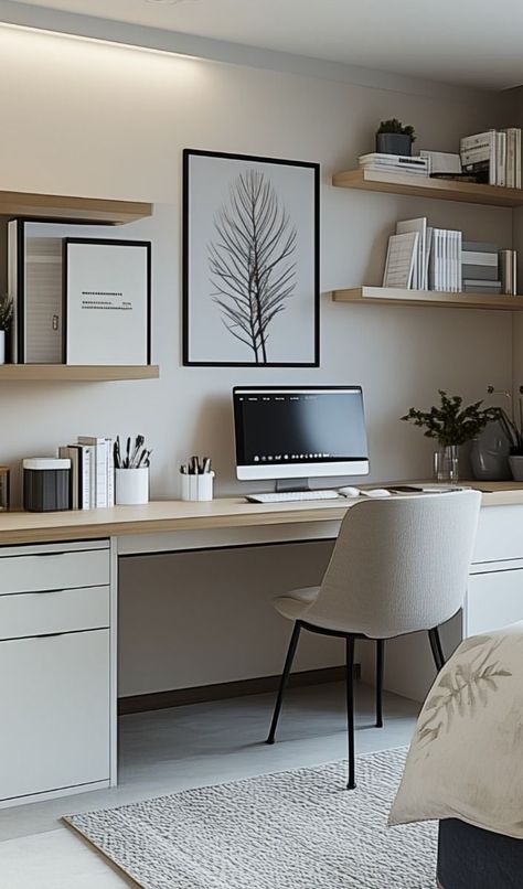 Office Room Decor Workspaces, Cube Storage Desk Ideas, Shared Dining Room And Office, Home Office Ideas Desk Against Wall, Office In Living Room Ideas Layout, Condo Office Ideas, White Desk Office Ideas, Beauty Room Office Combo, Long Office Layout