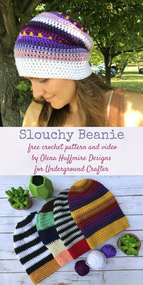 Free crochet pattern: Slouchy Beanie with video by Olena Huffmire Designs for Underground Crafter Slouchy Crochet Beanie, Slouchy Beanie Crochet Pattern Free, Crochet Slouchy Hat Free Pattern, Loose Beanie, Slouch Hat Crochet Pattern, Slouchy Hat Crochet Pattern, Beanie Slouchy, Crochet Headwear, Amigurumi Giraffe