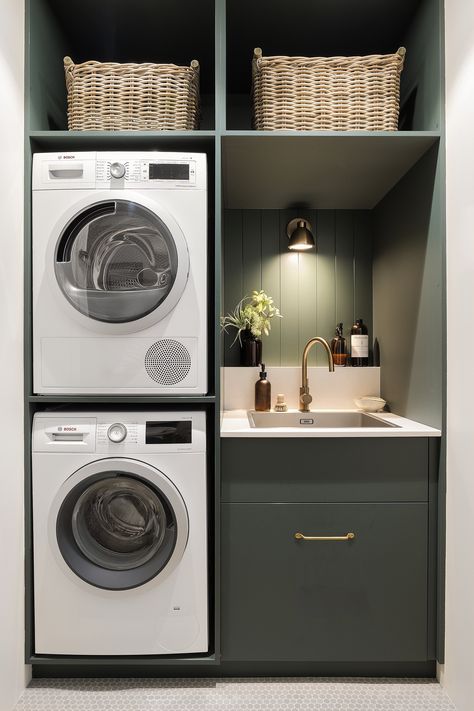 Laundry in a cupboard — Adore Home Magazine Brass Tapware, Laundry Cupboard, Small Utility Room, Utility Room Designs, Stacked Laundry Room, Modern Laundry, Laundry Room Layouts, Laundry Design, Laundry Room Renovation