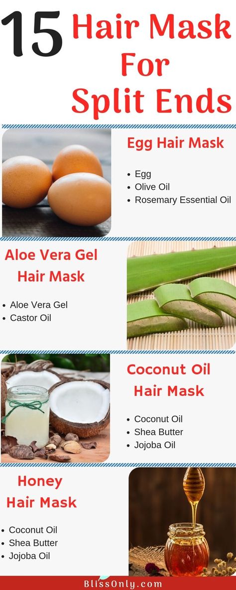 Split ends make your hair dry, dull and damaged. But with these hair masks, you can treat split ends. Most importantly these masks are completely natural and are very easy to make. Here I have shared recipes of coconut oil, aloe vera gel, egg, banana, and 11 other hair masks which are effective remedies for split ends. Learn how to get rid of split ends and get strong, soft and shiny hair. Hair Mask For Split Ends, Mask For Split Ends, Split End Hair Mask, Soft And Shiny Hair, Egg Hair Mask, Honey Hair Mask, Mask For Damaged Hair, Egg For Hair, Split Ends Hair