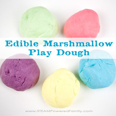 Taste Safe Homemade Playdough - Play dough recipe with a science twist Marshmallow Playdough Recipes, Edible Marshmallow Playdough, Non Toxic Edible Play Dough, Edible Sludge Sensory Play, Jello Slime Recipe Edible, Edible Playdoh, Edible Kids Crafts, Edible Play Dough Recipe, Edible Playdough