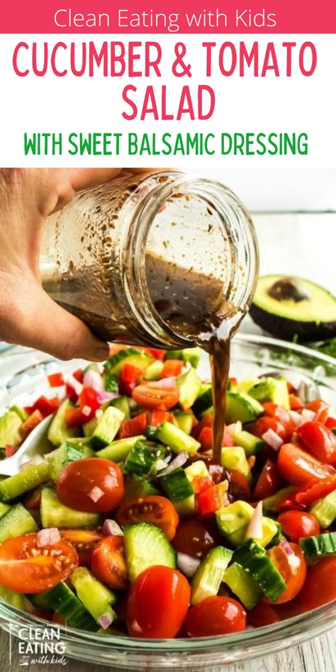 image of dressing being poured on tomato and cucumber salad Cucumber And Tomatoes Salad Recipes, Salad With Cucumbers And Tomatoes, Cherry Tomato Salads, Italian Cucumber Salad Recipes, Cucumber Salad With Tomatoes, Dressing For Cucumber Tomato Salad, Vinegar Pasta Salad Recipes, Italian Tomato Cucumber Salad, Cucumber Salad Dressing Recipe