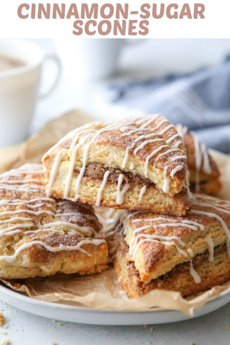 These scones are light and tender and packed with so much cinnamon-sugar flavor! Cinnamon Sugar Scones, Cinnamon Scones Recipe, Breakfast Scones, Completely Delicious, Cinnamon Scones, Scones Recipe Easy, Homemade Scones, Scones Ingredients, Scone Recipes