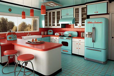 1950s Yellow Kitchen, 50 Kitchen Retro 1950s, 1950s Homes Interior, Retro Turquoise Kitchen, Retro Home Appliances, 1950s Style Kitchen, Fallout Themed Kitchen, 50s Decor Interior Design, 50s Retro Kitchen