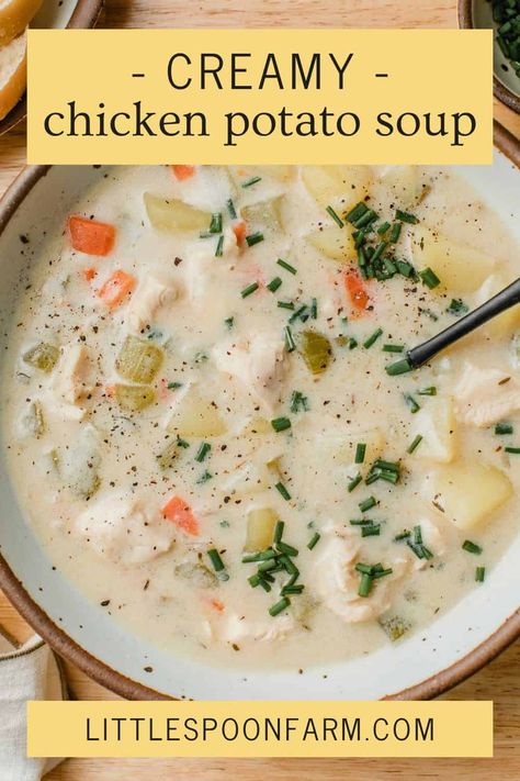 Creamy chicken potato soup is an easy comfort food recipe that is perfect for chilly weather. It has a simple base of carrots, celery, and onions, with tender chicken and potatoes all in a rich creamy broth. This is a quick soup recipe that comes in handy on busy nights! Chicken Soup Potatoes Carrots, Chicken Potato Chowder Soup, Creamy Chicken Asparagus Soup, Potatoe Chicken Soup Recipe, Chowder Recipes Potato, Chicken Carrot Potato Soup, Carrot Chicken Soup, Soup With Celery In It, Cream Of Chicken Potato Soup