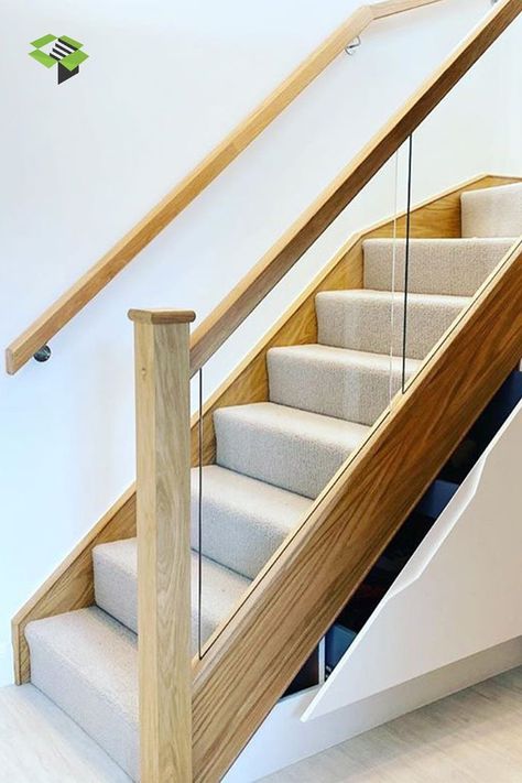 An oak staircase with embedded glass. The staircase is beautifully carpeted in a beige shade. Made by UK bespoke timber staircase manufacturer StairBox Memory Keepsake Ideas, Landing Carpet, Carpeted Staircase, Hallway Aesthetic, Stairs Makeover Design, Staircase Manufacturers, Led Stair Lights, Oak Staircase, Carpet Staircase