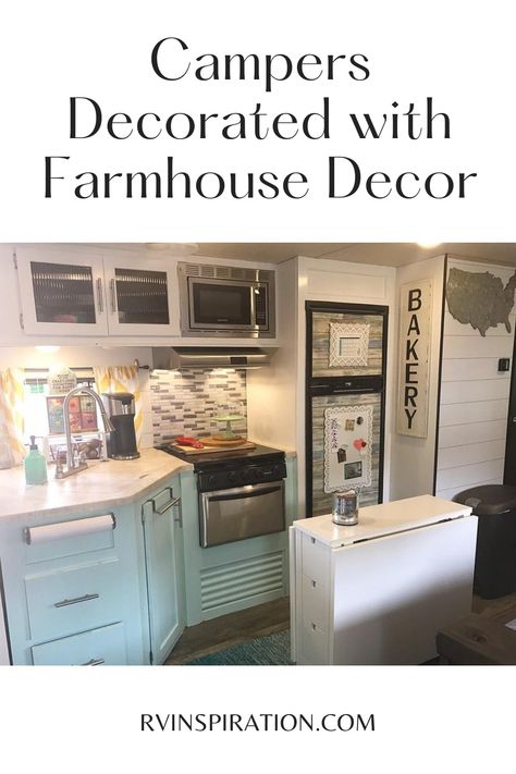 Ideas for turning your camper into a Farmhouse style glamper | rvinspiration.com | #glamper #glamping #RVdecor #RVmakeover Farmhouse Rv, Camper Decorating, Renovated Farmhouse, Motorhome Remodel, Glamper Camper, Dining Booth, Rv Remodeling, Rv Redo, Camping Planning