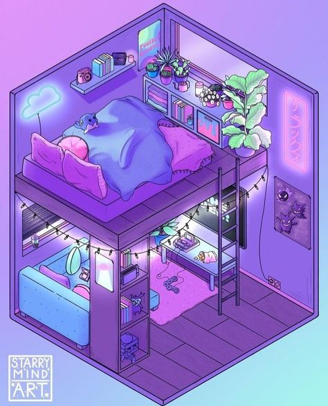 Isometric Room, Anime Bedroom, Bedroom Illustration, Cute Cabins, Vibrant Aesthetic, Bedroom Drawing, Isometric Drawing, Bg Design, Procreate Ipad Art