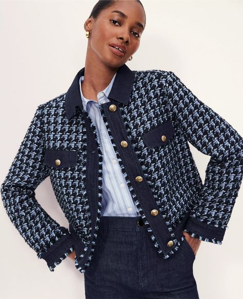 Houndstooth Fringe Tweed Denim Jacket Cotton Jackets Women, Cropped Trench Coat, Sewing Blouses, Ann Taylor Petite, Tweed Top, Denim Jacket Fashion, Tweed Pattern, Petite Coat, Petite Jacket