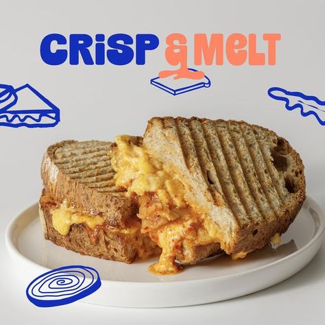 alex ⁕ brand designer & strategist on Instagram: "easy, breezy, & cheeezy!! 🧀 this is my take on the latest brief from @designerbriefs for crisp & melt — a trendy lunchroom specializing in delicious toasted sammiches! i was dyingggg to use this color palette and i think the sharp blues and creamy oranges really work in making the vibe feel trendy, modern, and fresh, yet relatable! what do you think? would you eat a grilled cheese from this sandwich shop?! #dbcrispmelt #designerbriefs #foodandbeveragebranding #restaurantbranding #fooddesign #restaurantdesign #brandbrief #designbrief #retrobrand #handdrawndesigns #trendydesigns #logodesigner #brandstory #brandstorytelling #brandidentity #menudesign #icondesign #illustration #brandpattern #branddesign #brandstrategist #creativeentrepren Sandwich Shop Branding, Sandwich Menu Design, Toast Branding, Sandwich Branding, Sandwich Logo, Sandwich Illustration, Sandwich Design, Chicken Brands, Chicken Boxes