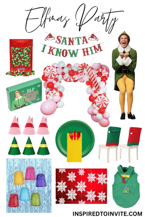 Bring Buddy the Elf to life at your next Christmas Party! #elfmas #christmaspartyideas #christmaspartydecorations #elfchristmasparty #christmaspartytheme #buddytheelf #elfparty #christmaspartydecor Christmas Buddy The Elf, Elf Themed Christmas Party Decorations, Elf Movie Table Decorations, Christmas Party Elf Theme, Elf Movie Christmas Party Ideas, Elf Christmas Party Decorations, Buddy The Elf Party Invitations, Grinch Christmas Party Decorations Diy, Elf Movie Party Decorations