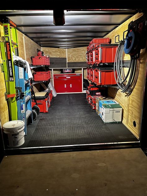 Work Trailer Storage Ideas, Enclosed Trailer Shop Ideas, Milwaukee Packout Trailer, 6x12 Enclosed Trailer Ideas, Cargo Trailer Storage Ideas, Enclosed Trailer Ideas Tools, Tool Trailer Organization Ideas, Cargo Trailer Shelving Ideas, Enclosed Trailer Shelving Ideas