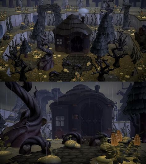 Witchcore Entrance Acnh, Acnh Witchy House Exterior, Witch House Animal Crossing, Animal Crossing Island Dark Academia, Animal Crossing Spooky Forest, Haunted Forest Animal Crossing, Acnh Scary Forest, Acnh Spooky House Exterior, Spooky Campsite Animal Crossing